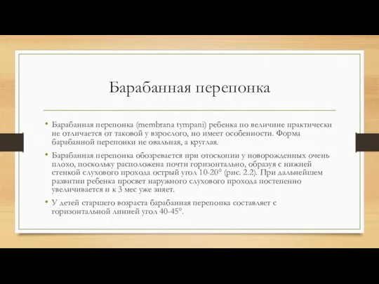 Барабанная перепонка Барабанная перепонка (membrana tympani) ребенка по величине практически