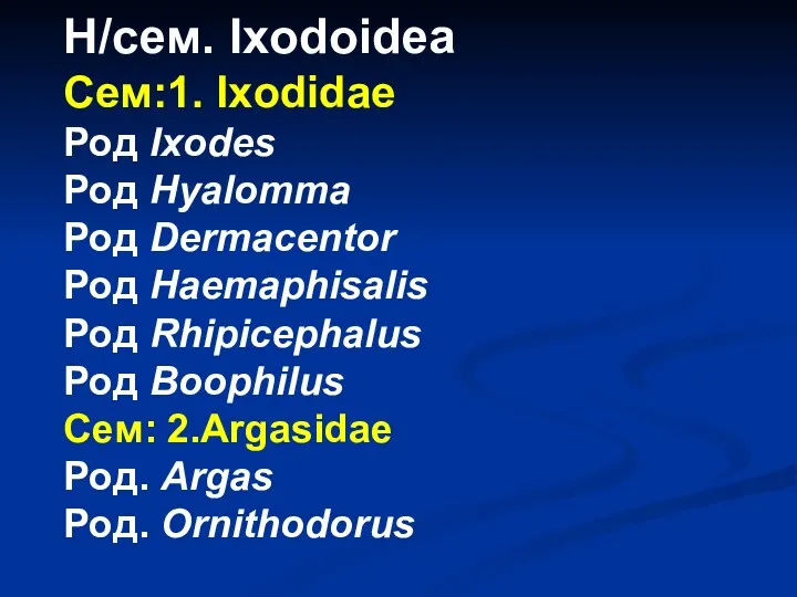 Н/сем. Ixodoidea Сем:1. Ixodidae Род Ixodes Род Hyalomma Род Dermacentor Род Haemaphisalis Род