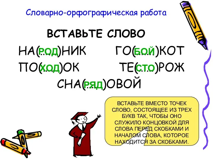 Словарно-орфографическая работа ВСТАВЬТЕ СЛОВО НА(…...)НИК ГО(…….)КОТ ПО(……)ОК ТЕ(……)РОЖ СНА(……)ОВОЙ ВСТАВЬТЕ