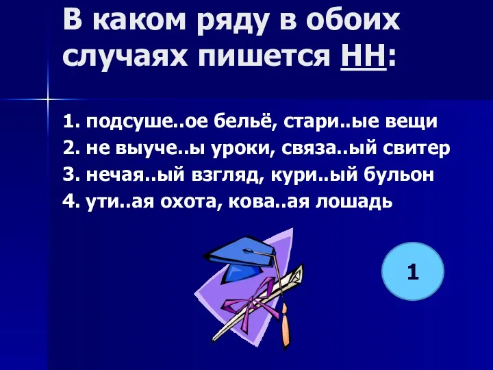 В каком ряду в обоих случаях пишется НН: 1. подсуше..ое