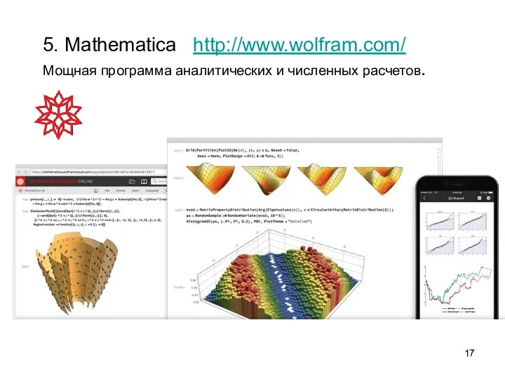 5. Mathematica http://www.wolfram.com/ Мощная программа аналитических и численных расчетов.