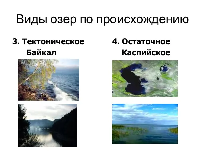 Виды озер по происхождению 3. Тектоническое 4. Остаточное Байкал Каспийское