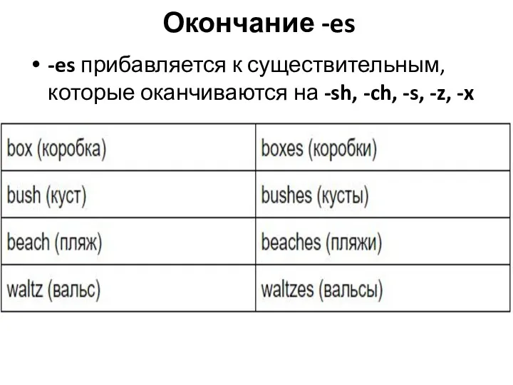 Окончание -es -es прибавляется к существительным, которые оканчиваются на -sh, -ch, -s, -z, -x