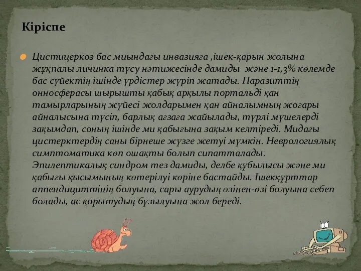 Цистицеркоз бас миындағы инвазияға ,ішек-қарын жолына жұқпалы личинка түсу нәтижесінде