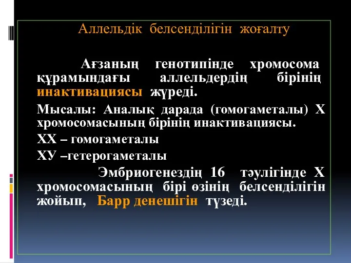 Аллельдік белсенділігін жоғалту Ағзаның генотипінде хромосома құрамындағы аллельдердің бірінің инактивациясы