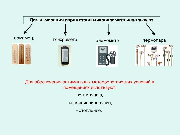 Для обеспечения оптимальных метеорологических условий в помещениях используют: вентиляцию, кондиционирование, отопление.