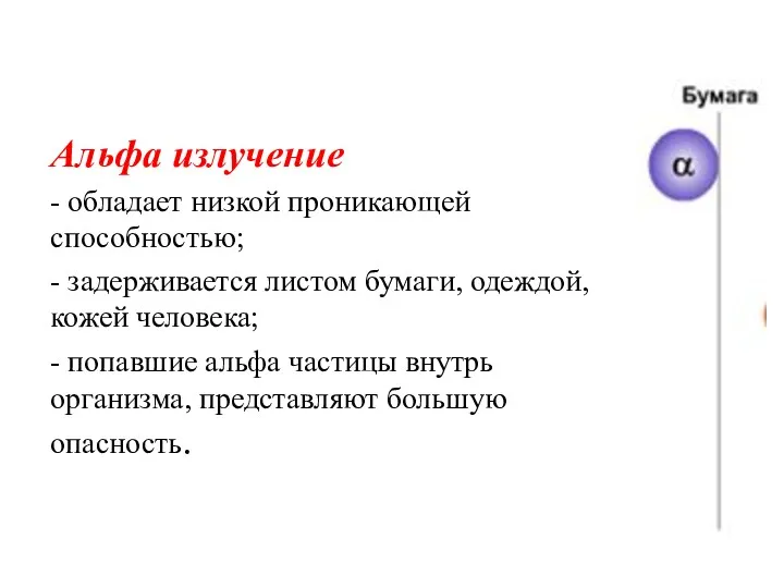 Альфа излучение - обладает низкой проникающей способностью; - задерживается листом