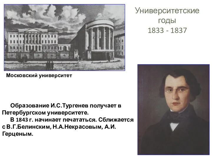 Университетские годы 1833 - 1837 Московский университет Образование И.С.Тургенев получает