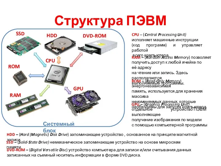 Структура ПЭВМ SSD HDD DVD-ROM ROM RAM – (Random Access