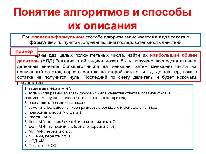 Понятие алгоритмов и способы их описания При словесно-формульном способе алгоритм