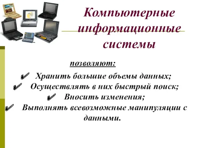 Компьютерные информационные системы Хранить большие объемы данных; Осуществлять в них