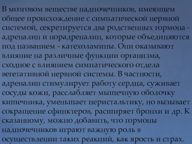 В мозговом веществе надпочечников, имеющем общее происхождение с симпатической нервной