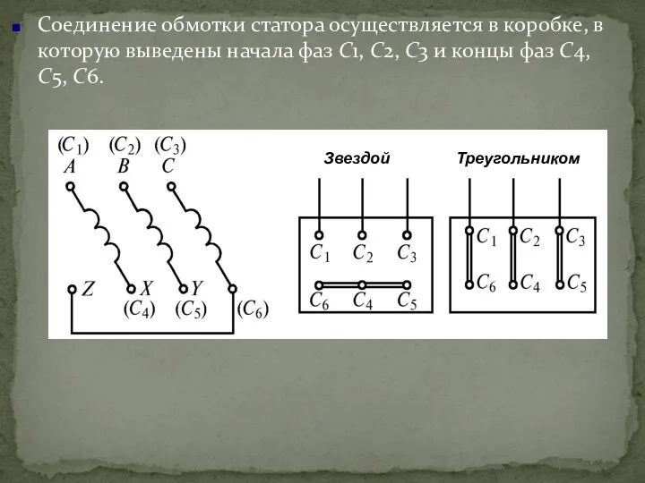 Соединение обмотки статора осуществляется в коробке, в которую выведены начала