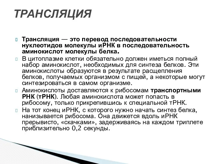 Трансляция — это перевод последовательности нуклеотидов молекулы иРНК в последовательность аминокислот молекулы белка.