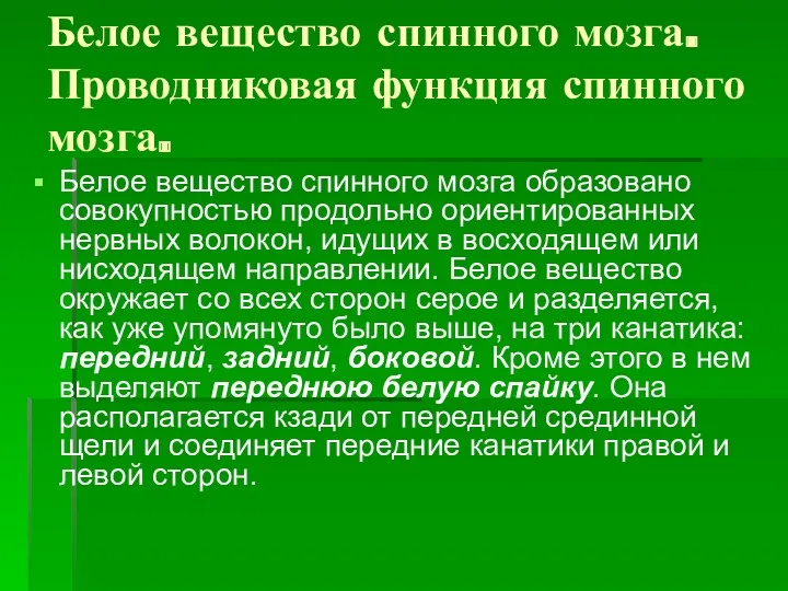 Белое вещество спинного мозга. Проводниковая функция спинного мозга. Белое вещество