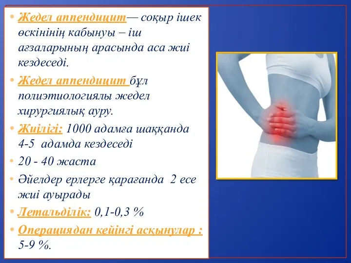 Жедел аппендицит— соқыр ішек өскінінің кабынуы – іш ағзаларының арасында аса жиі кездеседі.