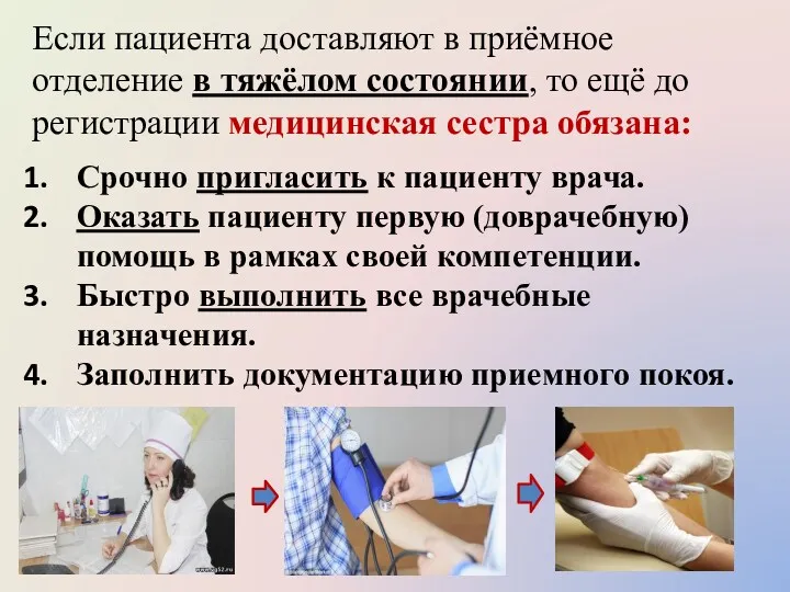 Если пациента доставляют в приёмное отделение в тяжёлом состоянии, то