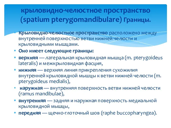 крыловидно-челюстное пространство (spatium pterygomandibulare) Границы. Крыловидно-челюстное пространство расположено между внутренней