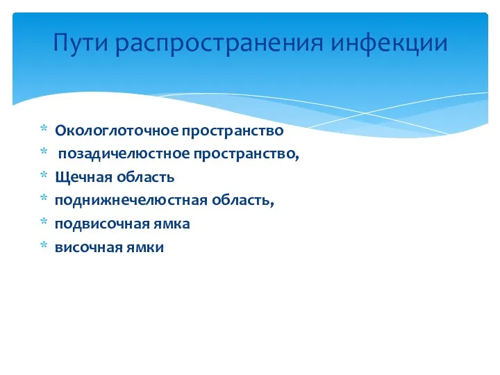 Пути распространения инфекции Окологлоточное пространство позадичелюстное пространство, Щечная область поднижнечелюстная область, подвисочная ямка височная ямки