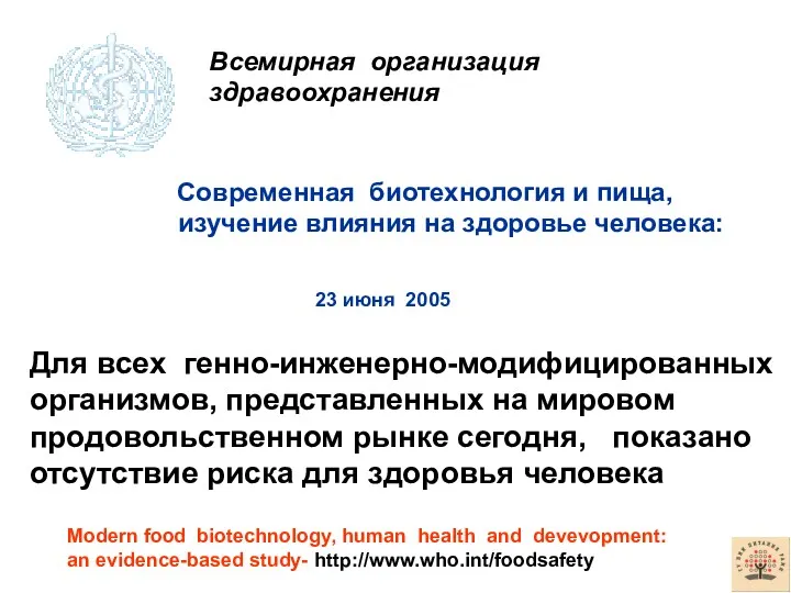 Всемирная организация здравоохранения Современная биотехнология и пища, изучение влияния на
