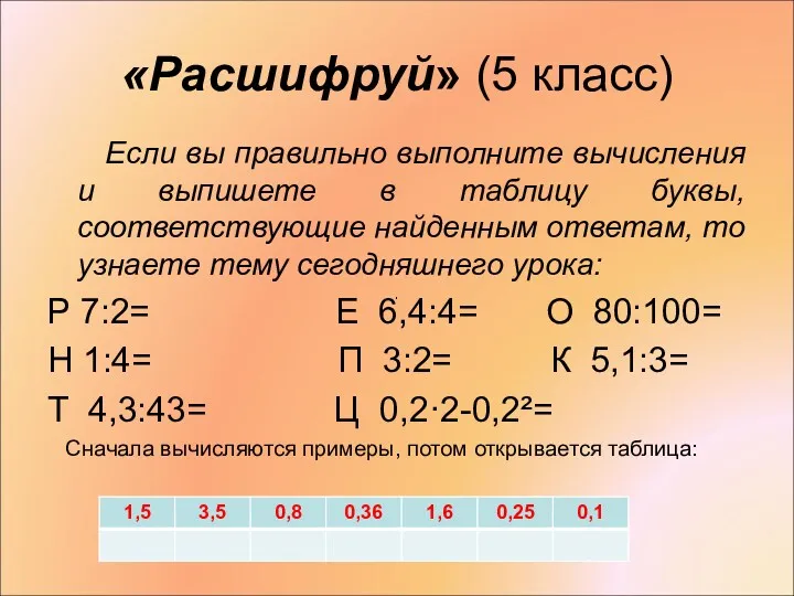 «Расшифруй» (5 класс) Если вы правильно выполните вычисления и выпишете