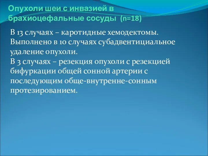 Опухоли шеи с инвазией в брахиоцефальные сосуды (n=18) В 13