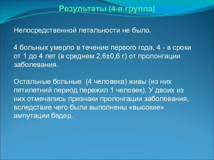 Результаты (4-я группа) Непосредственной летальности не было. 4 больных умерло