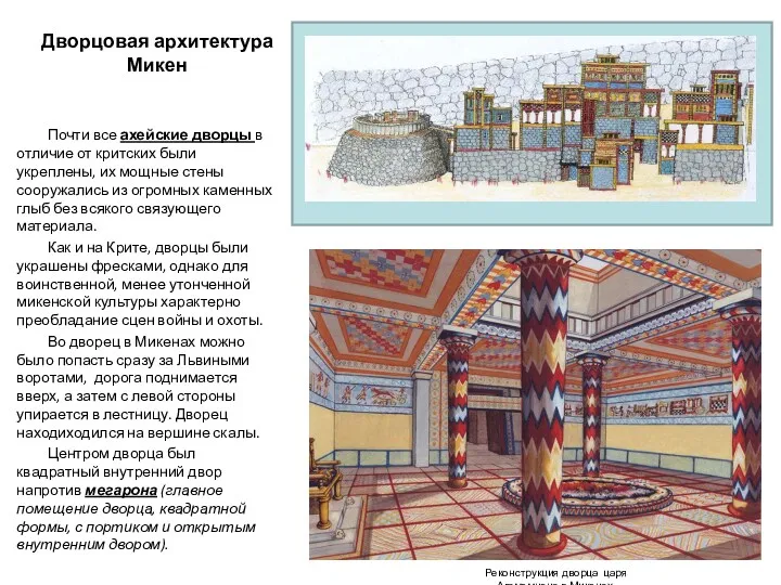 Дворцовая архитектура Микен Почти все ахейские дворцы в отличие от