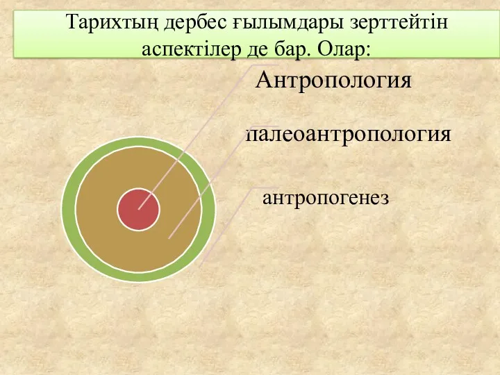 Тарихтың дербес ғылымдары зерттейтін аспектілер де бар. Олар: