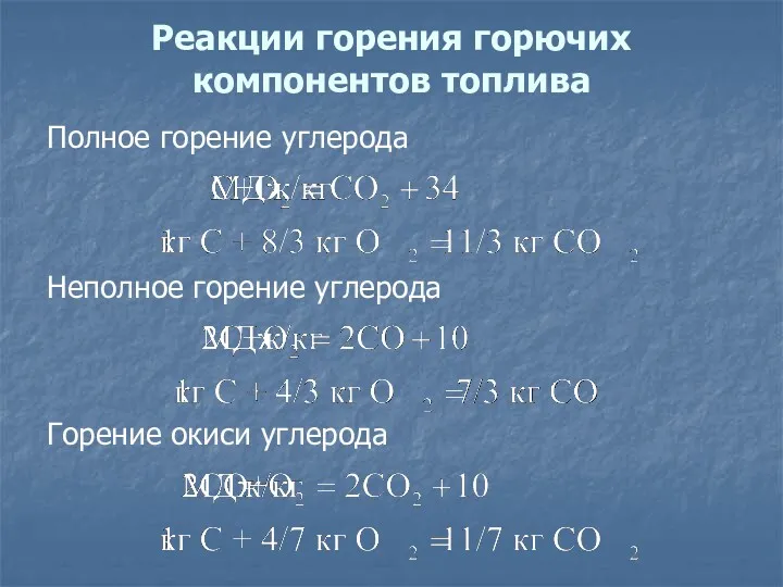 Реакции горения горючих компонентов топлива Полное горение углерода Неполное горение углерода Горение окиси углерода