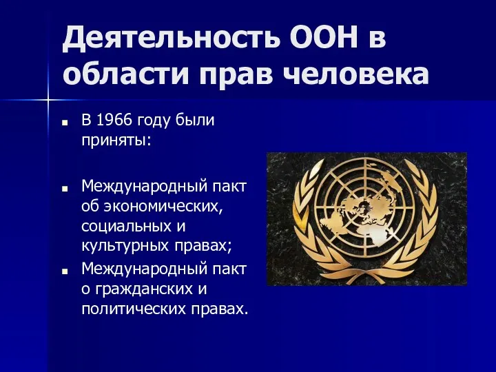 Деятельность ООН в области прав человека В 1966 году были