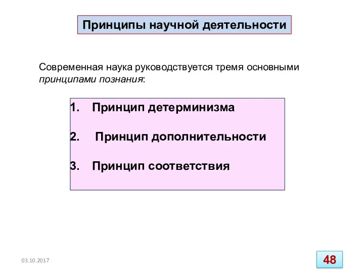 Принципы научной деятельности Принцип детерминизма Принцип дополнительности Принцип соответствия Современная