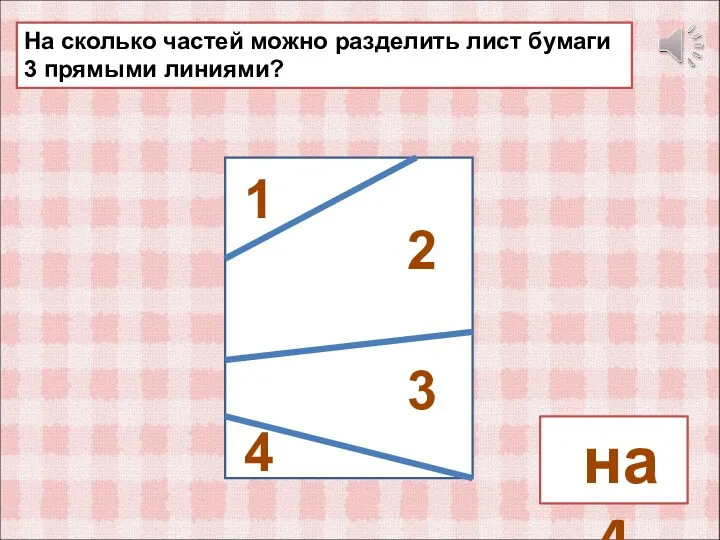 На сколько частей можно разделить лист бумаги 3 прямыми линиями? на 4 1 2 3 4