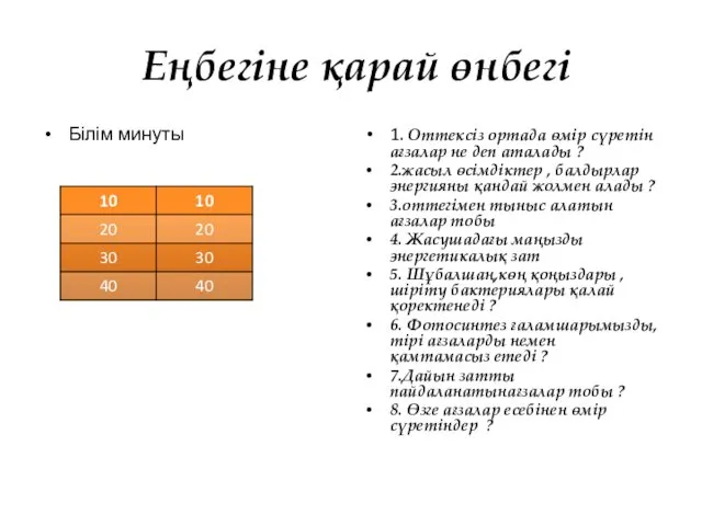 Еңбегіне қарай өнбегі Білім минуты 1. Оттексіз ортада өмір сүретін ағзалар не деп