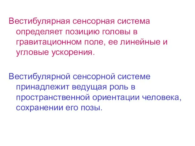 Вестибулярная сенсорная система определяет позицию головы в гравитационном поле, ее