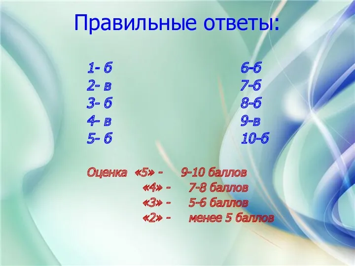 Правильные ответы: 1- б 6-б 2- в 7-б 3- б