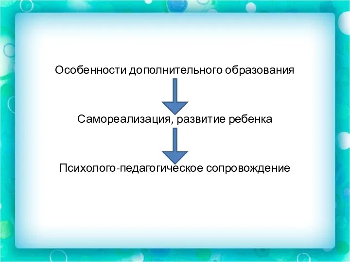 Особенности дополнительного образования Самореализация, развитие ребенка Психолого-педагогическое сопровождение