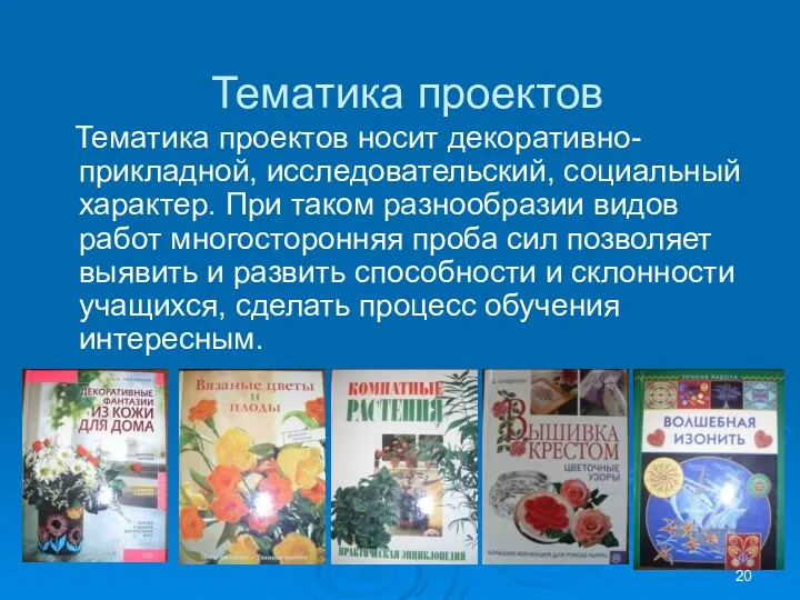 Тематика проектов Тематика проектов носит декоративно-прикладной, исследовательский, социальный характер. При