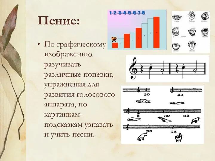 Пение: По графическому изображению разучивать различные попевки, упражнения для развития