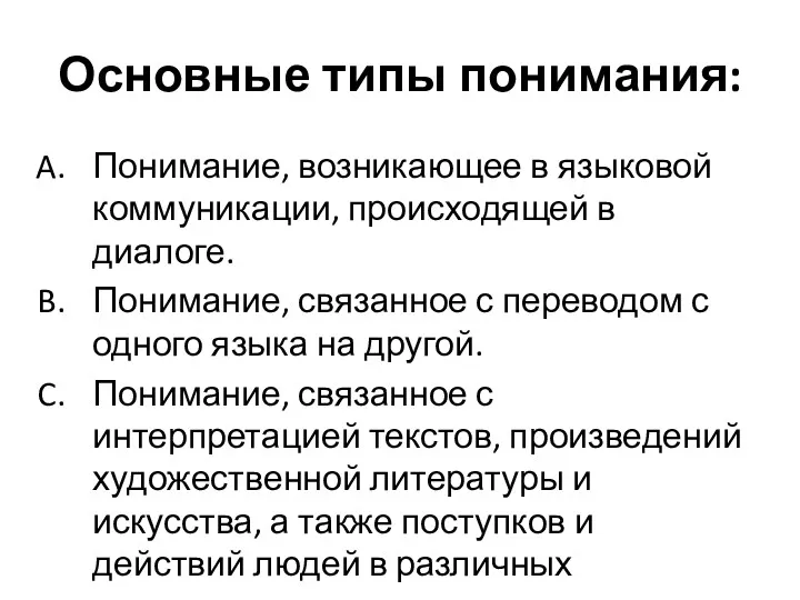 Основные типы понимания: Понимание, возникающее в языковой коммуникации, происходящей в