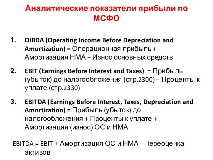 Аналитические показатели прибыли по МСФО OIBDA (Operating Income Before Depreciation
