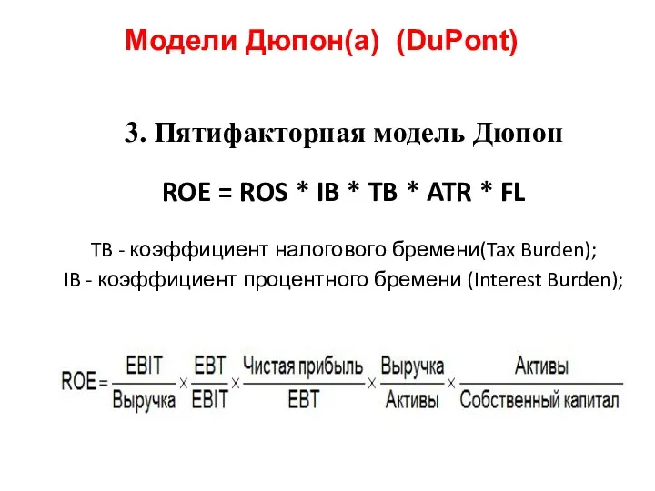 Модели Дюпон(а) (DuPont) 3. Пятифакторная модель Дюпон ROE = ROS