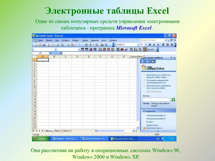 Электронные таблицы Excel Одно из самых популярных средств управления электронными таблицами - программа