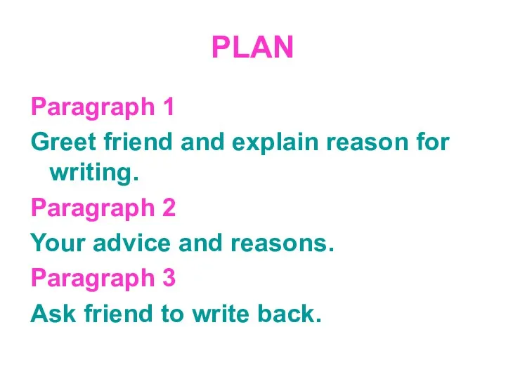 PLAN Paragraph 1 Greet friend and explain reason for writing.