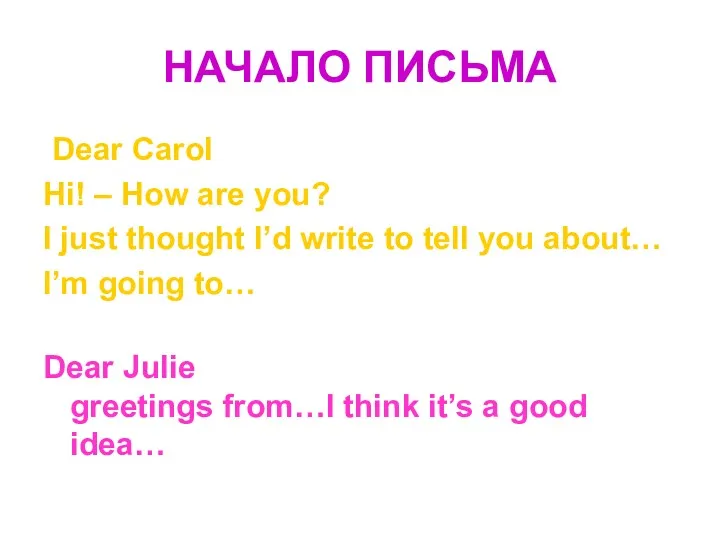 НАЧАЛО ПИСЬМА Dear Carol Hi! – How are you? I