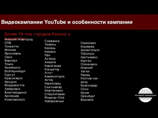 Видеокампании YouTube и особенности кампании Более 10-тка городов Россия и