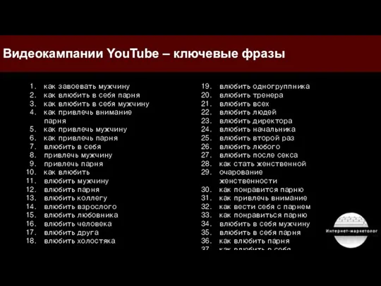 Видеокампании YouTube – ключевые фразы как завоевать мужчину как влюбить