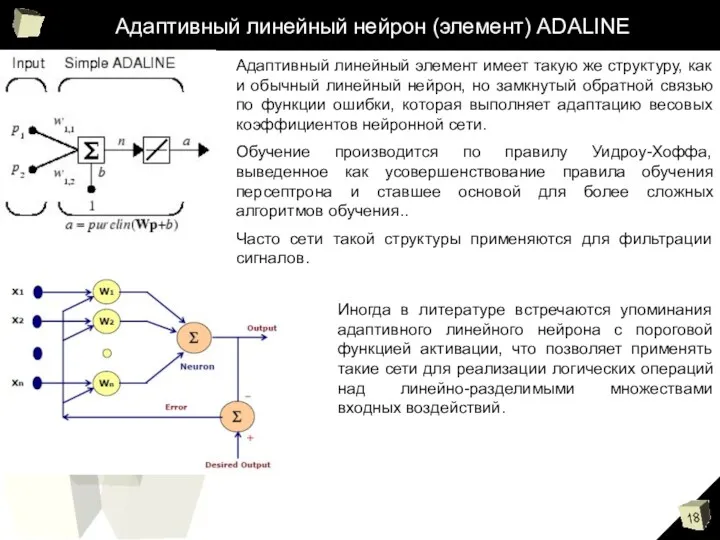 Адаптивный линейный нейрон (элемент) ADALINE Адаптивный линейный элемент имеет такую же структуру, как