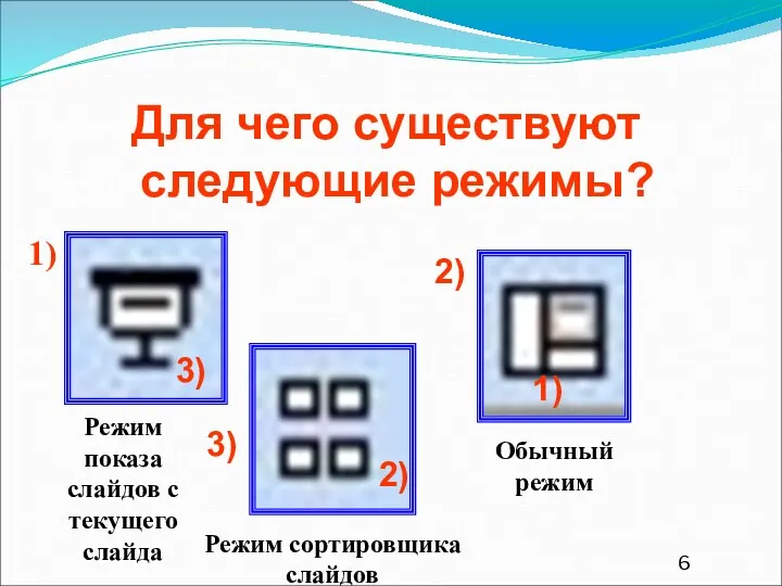 Для чего существуют следующие режимы? 1) 2) 3) 1) 2)