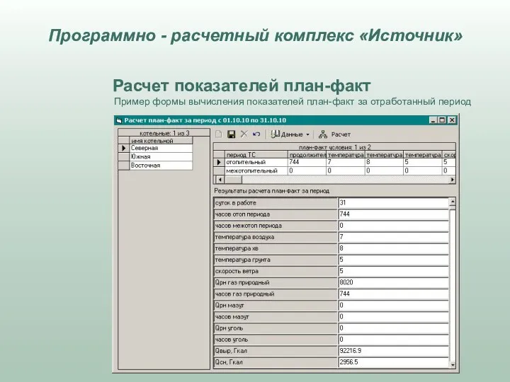 Расчет показателей план-факт Пример формы вычисления показателей план-факт за отработанный период Программно - расчетный комплекс «Источник»